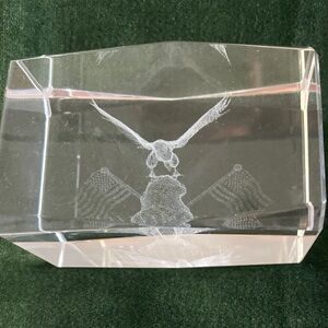 Glass Cube 3D Laser Etched Eagle with 2 American Flags Flying  Globe Hologram